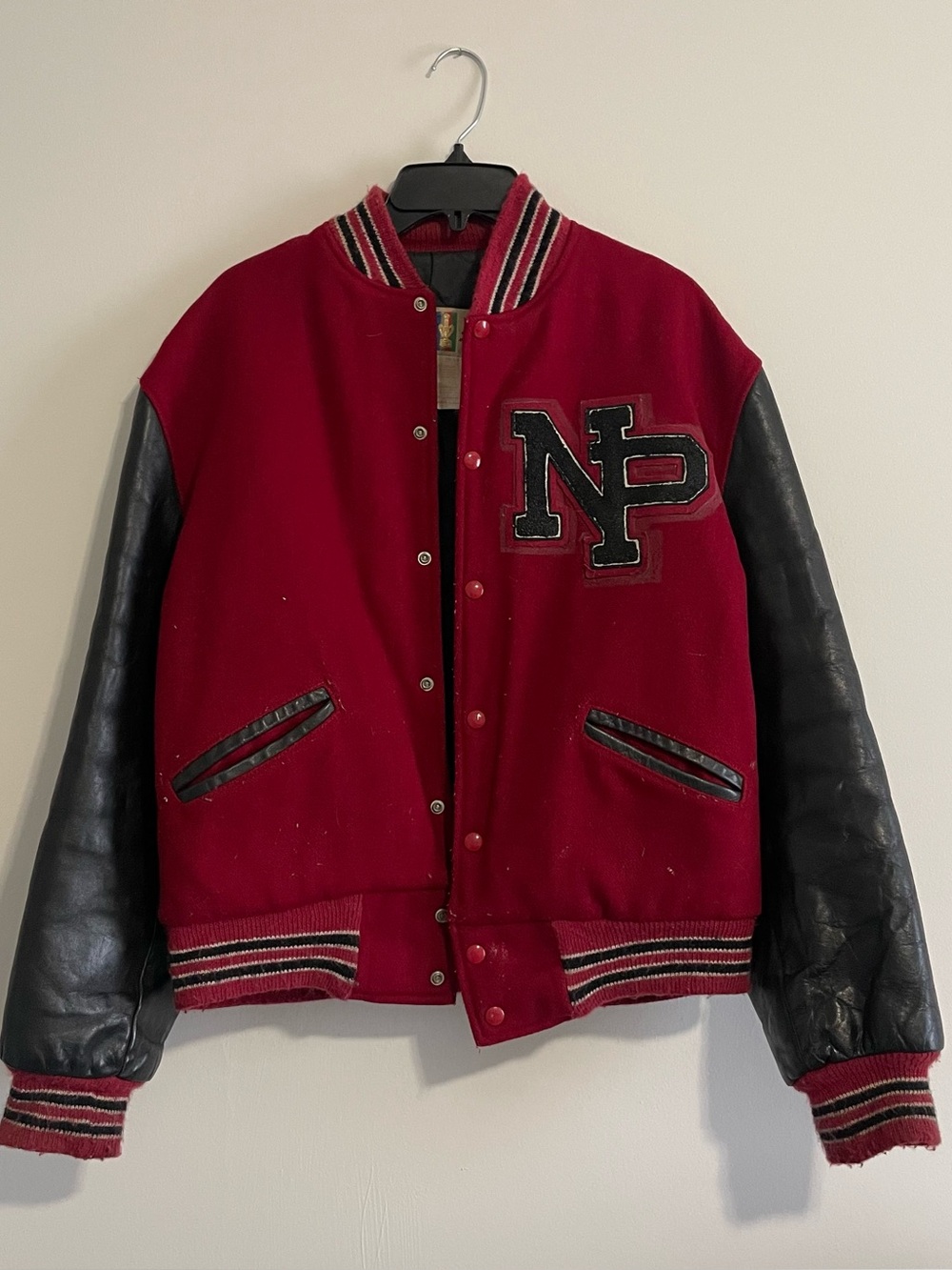 Vintage 90s Wool Leather Letterman Trophy Jackets Black Red Retro Old School M